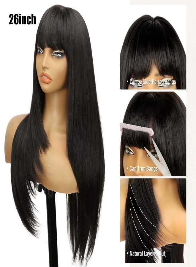 Nnzes Black 26-inch Long Wig with Bangs for Women - Straight Layered Style, Realistic Scalp, Freestyle Parting, Natural-Looking & Heat-Resistant Synthetic Hair for Daily and Party Use - Image 4